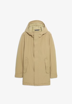 Beige Kapuzenjacke mit Reißverschluss und Druckknopfverschluss, zwei Fronttaschen und elastischen Bündchen. Hergestellt aus glattem, wasserabweisendem Material.