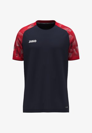 T-shirt de sport à manches courtes avec un corps noir, des manches rouges à motifs et le nom de la marque JAKO sur la partie supérieure gauche de la poitrine.