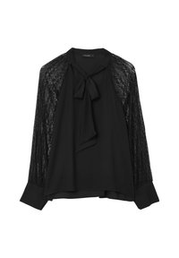 Schwarze Bluse mit langen Spitzenärmeln, breiten Manschetten und einem Frontknotenbandschleifendetail.