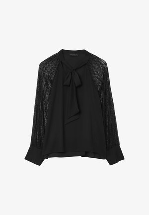 Schwarze Bluse mit langen Spitzenärmeln, breiten Manschetten und einem Frontknotenbandschleifendetail.