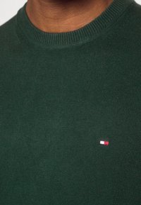 Zielony sweter dziergany na drutach z prążkowanym okrągłym dekoltem i małym haftowanym logo z czerwonymi, białymi i niebieskimi akcentami.