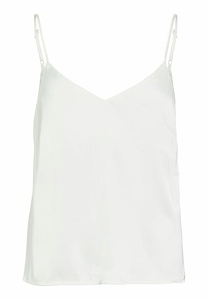 Haut débardeur blanc sans manches avec bretelles fines ajustables et encolure en V, présenté sur un fond blanc uni.