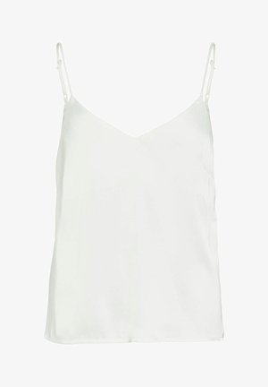 Valge varrukateta kamisoollina top, reguleeritavate õhukeste õlapaelte ja V-kaelusega, esitatud tavalisel valgel taustal.