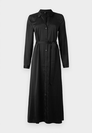 Black, long-sleeve dress with a button-down front, collar, and matching belt at the waist. Smooth fabric, ankle-length with straight cut.
