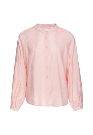 Blusa rosa chiaro a maniche lunghe con collo rotondo, apertura con bottoni davanti e motivo sottile e strutturato su tessuto morbido.