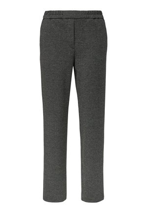 Gray patterned trousers with an elastic waistband, straight-leg cut, and a subtle check design. Fabric appears textured and soft.