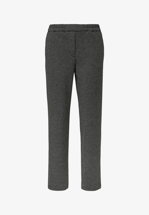 Gray patterned trousers with an elastic waistband, straight-leg cut, and a subtle check design. Fabric appears textured and soft.