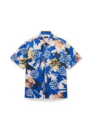 Rövidujjú ing élénk virágmintával kék, fehér, narancs és sárga színekben, könnyű anyagból, gombos gallérral.