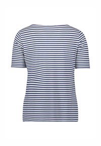 Blå och vit randig kortärmad topp med rund hals, tillverkad av mjuk bomull. Slät yta med horisontella ränder. Bakvy visas.