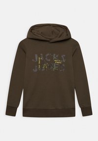 Brauner Hoodie aus Baumwolle mit Känguru-Tasche. Merkmale einen grafischen Druck mit "JACK & JONES" und Koordinaten in Gelb- und Grautönen.