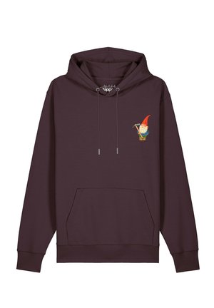 Dark purple hoodie with front pocket and small graphic of a garden gnome holding a pickaxe on the left chest.