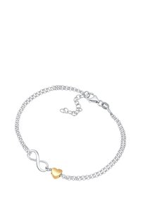 Silberne Kettenarmband mit einem Unendlichkeitssymbol und einem goldenen Herzanhänger. Verstellbare Länge mit einem Karabinerhaken für sicheren Halt.
