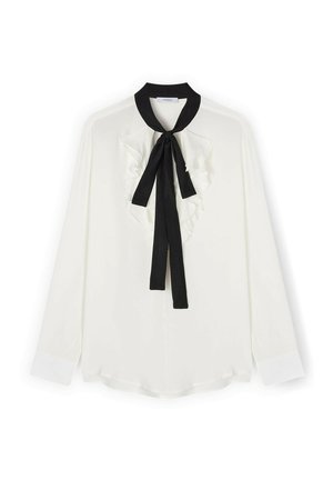 Blusa bianca a maniche lunghe con cravatta nera al collo e dettagli arricciati sul davanti. Tessuto liscio con un leggero riflesso, orlo arrotondato e colletto a contrasto.