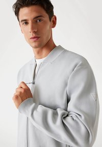 Light gray zip-up bomber jacket with ribbed collar and cuffs, featuring a subtle logo on the left sleeve and a textured fabric.