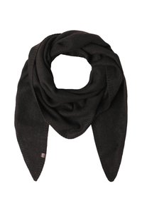Black scarf made of soft fabric, featuring a twisted design with pointed ends, showcasing a smooth texture and subtle stitching accents.