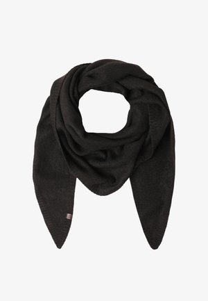 Juodas šalikas, pagamintas iš minkštos medžiagos, su sukta struktūra ir smailiais galais, pasižymintis tolygiai lygia tekstūra ir subtiliais siuvinėjimo akcentais.