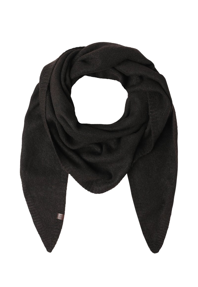 Black scarf made of soft fabric, featuring a twisted design with pointed ends, showcasing a smooth texture and subtle stitching accents.