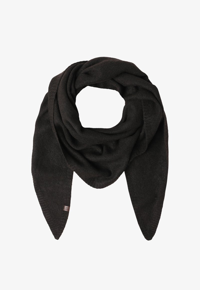 Černý šála z měkké textilie, se zkrouceným designem s špičatými konci, vykazuje hladkou strukturu a jemné švy.