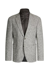 Grauer Blazer mit Hahnentrittmuster und einer inneren Schicht mit Reißverschluss. Strukturierter Stoff, zwei Vordertaschen und ein einzelner Knopfverschluss.