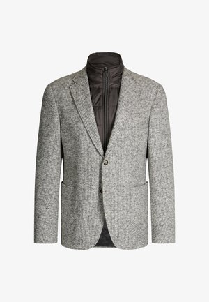 Grauer Blazer mit Hahnentrittmuster und einer inneren Schicht mit Reißverschluss. Strukturierter Stoff, zwei Vordertaschen und ein einzelner Knopfverschluss.