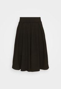Černá plisovaná sukně s vysokým pasem, vyrobená z měkké tkaniny. A-liniový tvar se hladkým povrchem a žádnými viditelnými vzory nebo akcenty.