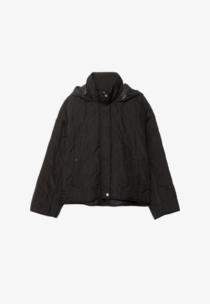 Black quilted jacket with a high collar, two front pockets, and a hood. Features a smooth texture and snap button closure.