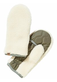 Fleece-lined mittens in cream and olive green. Features quilted texture and elastic wrist for secure fit. Details include a logo tag.