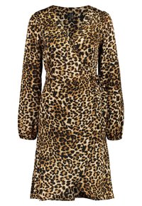 Vestido envolvente de estampado de leopardo con mangas largas, fabricado en un tejido suave, escote en forma de V y un lazo en la cintura. Presenta una falda fluida y un detalle texturizado.