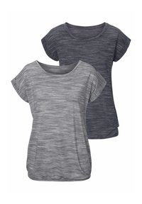 Short-sleeve t-shirts in light gray and dark gray, featuring a soft, textured fabric with a slight heather pattern and relaxed fit.