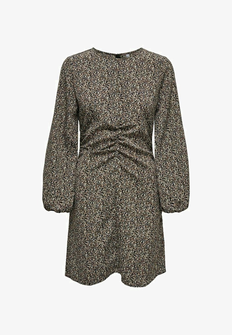 Robe fleurie avec de longues manches bouffantes, col rond, taille froncée, dans des tons sombres de brun, crème et touches de bleu, fabriquée en tissu léger.