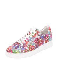 Bunte Sneakers mit einem mehrfarbigen Blumendesign in Rot, Pink und Blau, dazu eine weiße Gummisohle und seitliche Reißverschlusdetails.