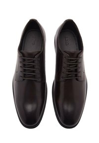 Brown leather dress shoes with a smooth finish, featuring six eyelets, round laces, and a rounded toe design.