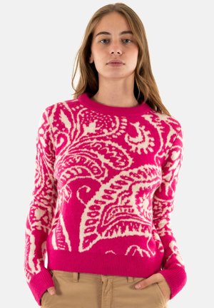 Jersey de lana en un vibrante color rosa brillante con un patrón de paisley en crema, cuello redondo, mangas largas y puños de canalé. Suave textura de mezcla de lana.