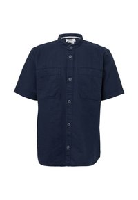 Marineblauw shirt met korte mouwen en een opstaande kraag, twee voorzakken en knoopsluiting, gemaakt van een gestructureerde stof.