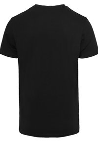 Black short-sleeve T-shirt made of cotton, featuring a round neckline and a smooth texture with no graphics or embellishments on the back.