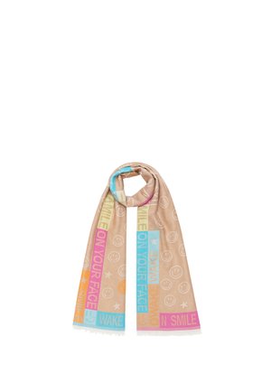 Beiger Schal mit sich wiederholenden Smileys und bunten Textblöcken mit den Worten „Wake on your face“ und „Smile“ in Blau, Pink, Orange und Gelb.