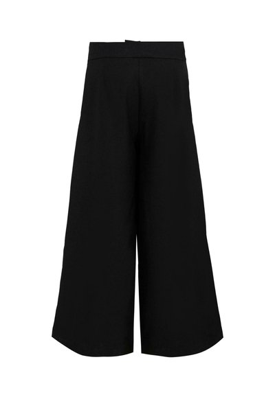 Zwarte wijde broek met een gladde, lichtgewicht stof. Heeft een elastische tailleband en een recht gesneden ontwerp zonder zakken.