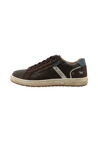 Sneaker in pelle marrone con finitura textured, accenti blu e beige a contrasto, chiusura con lacci e dettaglio con zip sul lato.