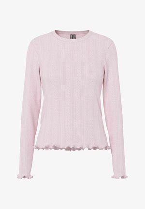 Hele roosa pika varrukaga soonikkoes pluus, millel on peened vertikaalsed augud, ümardatud kaelus ja rüüsääred ning -äär.