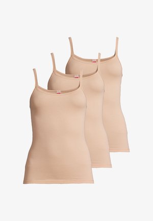Drei beige, taillierte Tanktops mit dünnen Trägern, nahtlosem Design, aus weichem Stoff gefertigt, ideal zum vielseitigen Kombinieren.