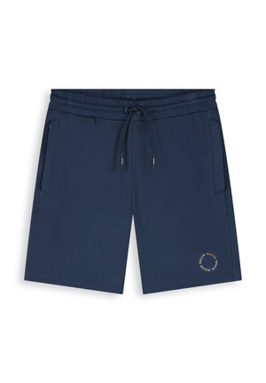 Donkerblauwe casual shorts met elastische tailleband, trekkoord, zijzakken en een klein cirkelvormig logo op het linkerbeen.