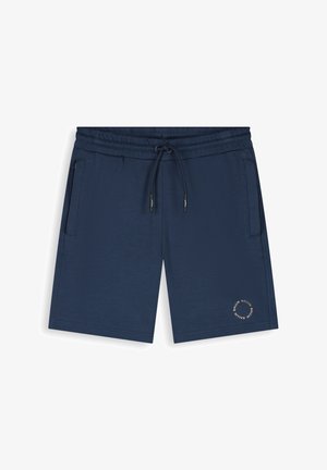 Donkerblauwe casual shorts met elastische tailleband, trekkoord, zijzakken en een klein cirkelvormig logo op het linkerbeen.