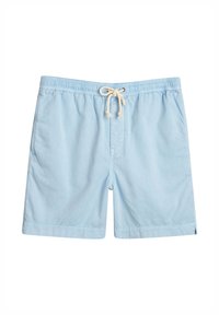 Lys blå badebukser laget av mykt stoff, med elastisk midjebånd, frontlommer og snøring for justering.