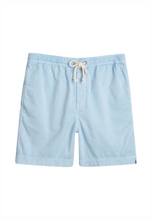 Light blue swim shorts made of soft fabric, featuring an elastic waistband, front pockets, and a drawstring tie for adjustability.