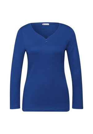 Dámská košile s dlouhým rukávem v královské modré barvě s výstřihem do V a dvěma malými knoflíky pod límcem, jednobarevný design.