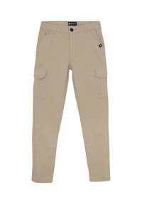 Beige cargo bukser lavet af holdbart materiale, med flere lommer, syninger og knaplukning i taljen.