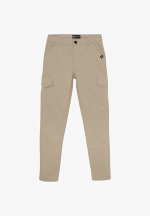 Beige cargo bukser lavet af holdbart materiale, med flere lommer, syninger og knaplukning i taljen.