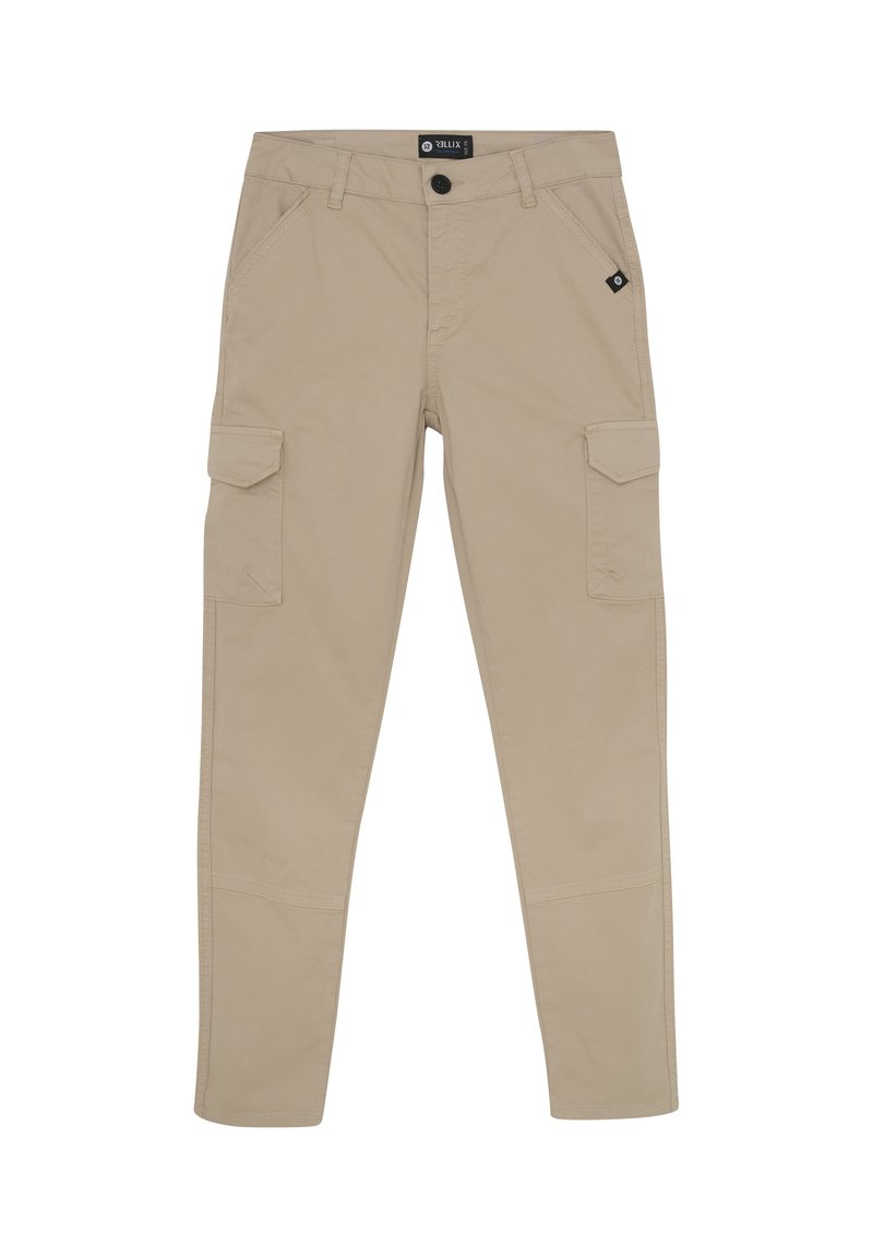 Beige cargo pants made of durable material, featuring multiple pockets, stitched detailing, and a button closure at the waist.