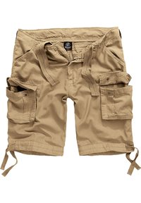 Shorts cargo beiges en tissu mélangé de coton durable, dotés de multiples poches latérales, d'une taille réglable avec cordon de serrage et d'une longueur jusqu'aux genoux.