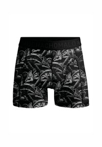 Schwarze Boxershorts mit einem detaillierten weißen Chamäleon- und Pilzmuster. Elastischer Bund mit Branding, weicher Stofftextur.